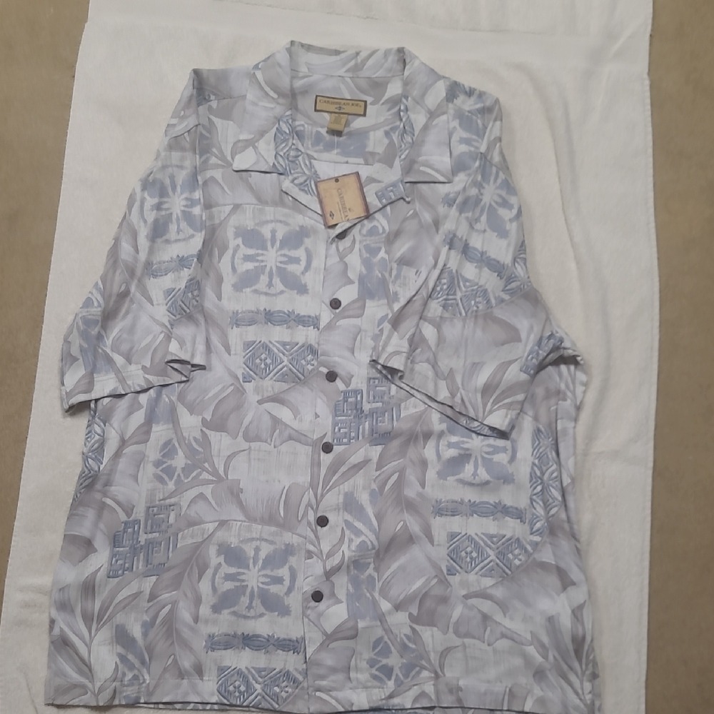 Caribbean Joe Mens Short Sleeve Rayon Tropical Camp Shirt Grey Blue NWT Size XL